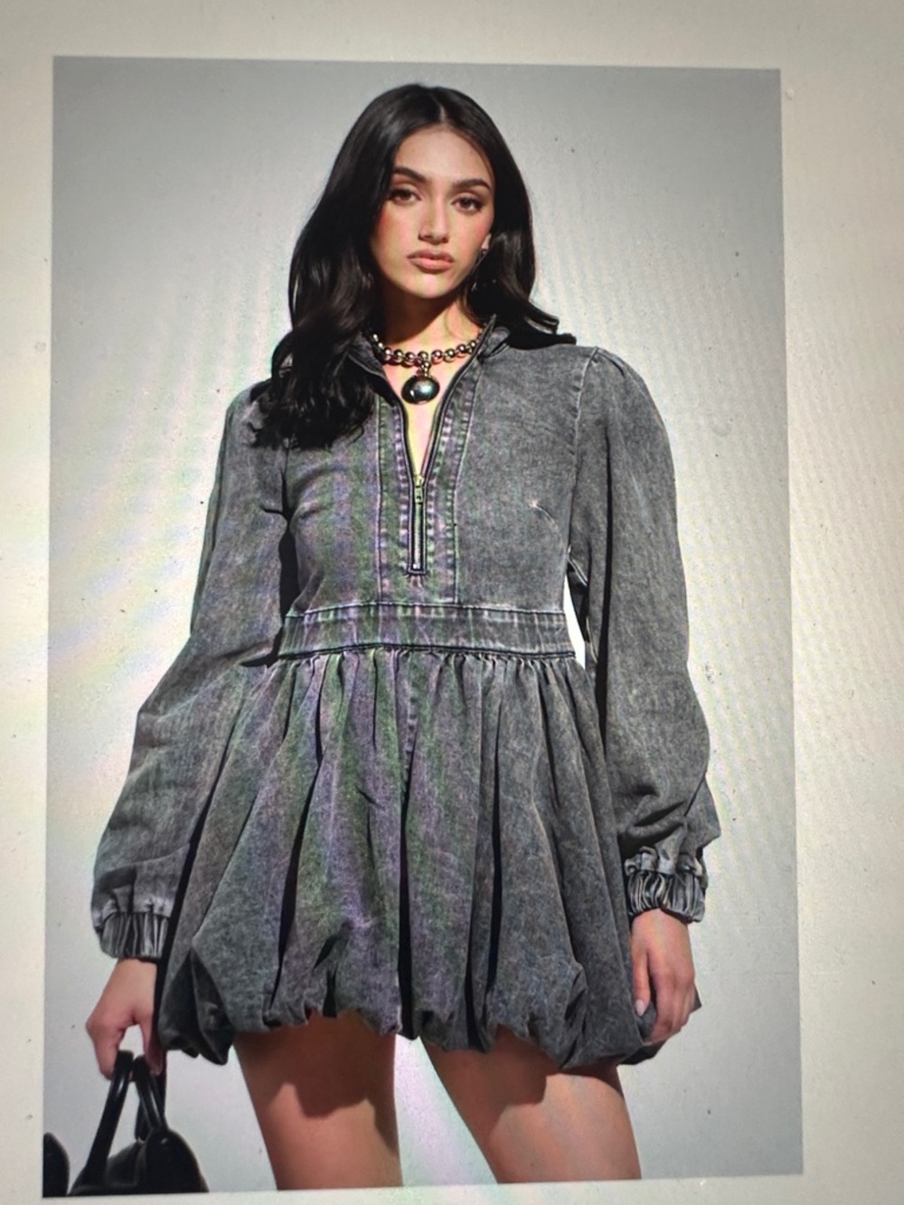 AKIRA Washed Denim Charcoal Bubble Mini Dress